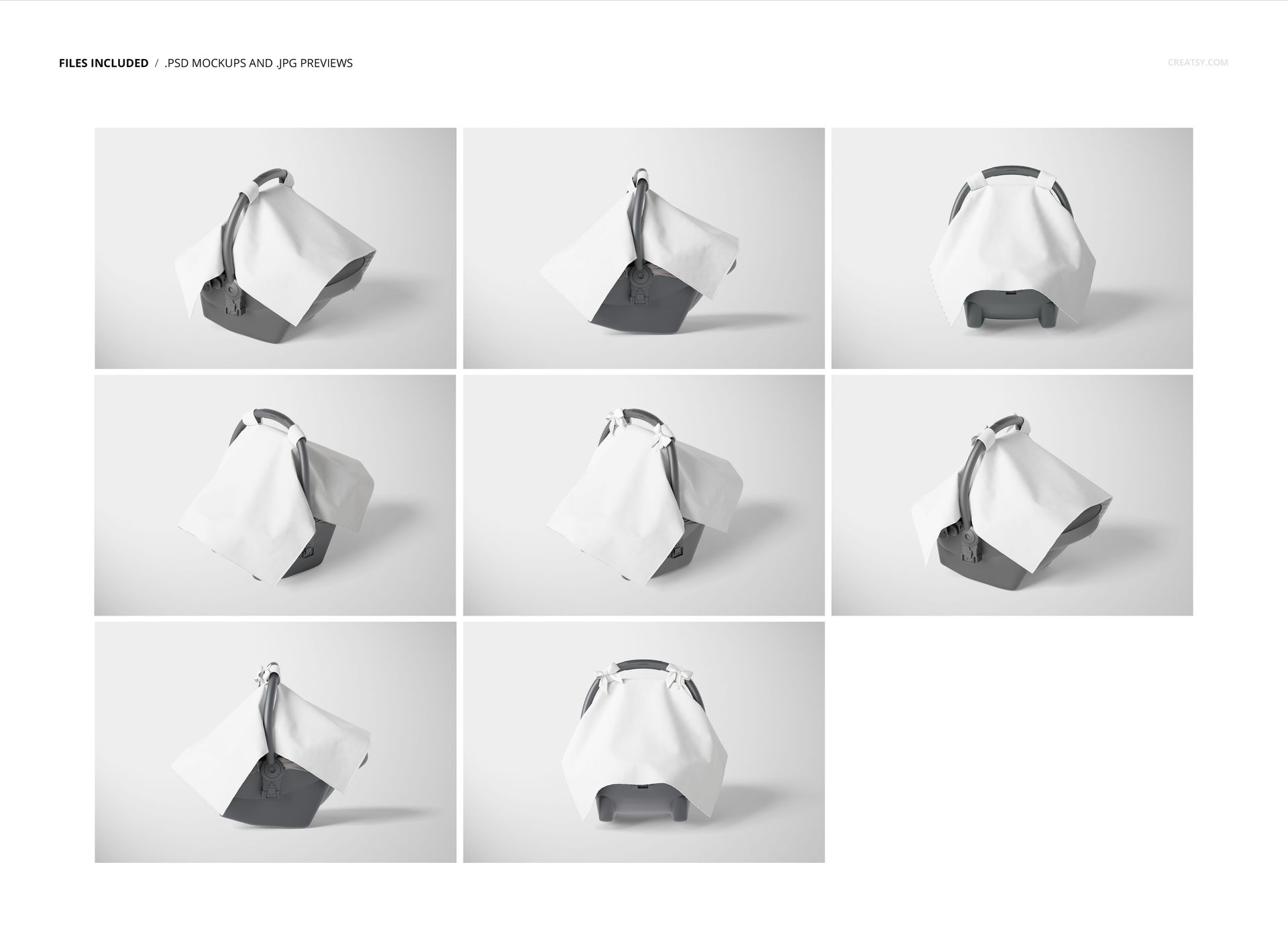 Baby car seat canopy with dot minky cover shown in nine different angles on a white background, PSD mockup set.
