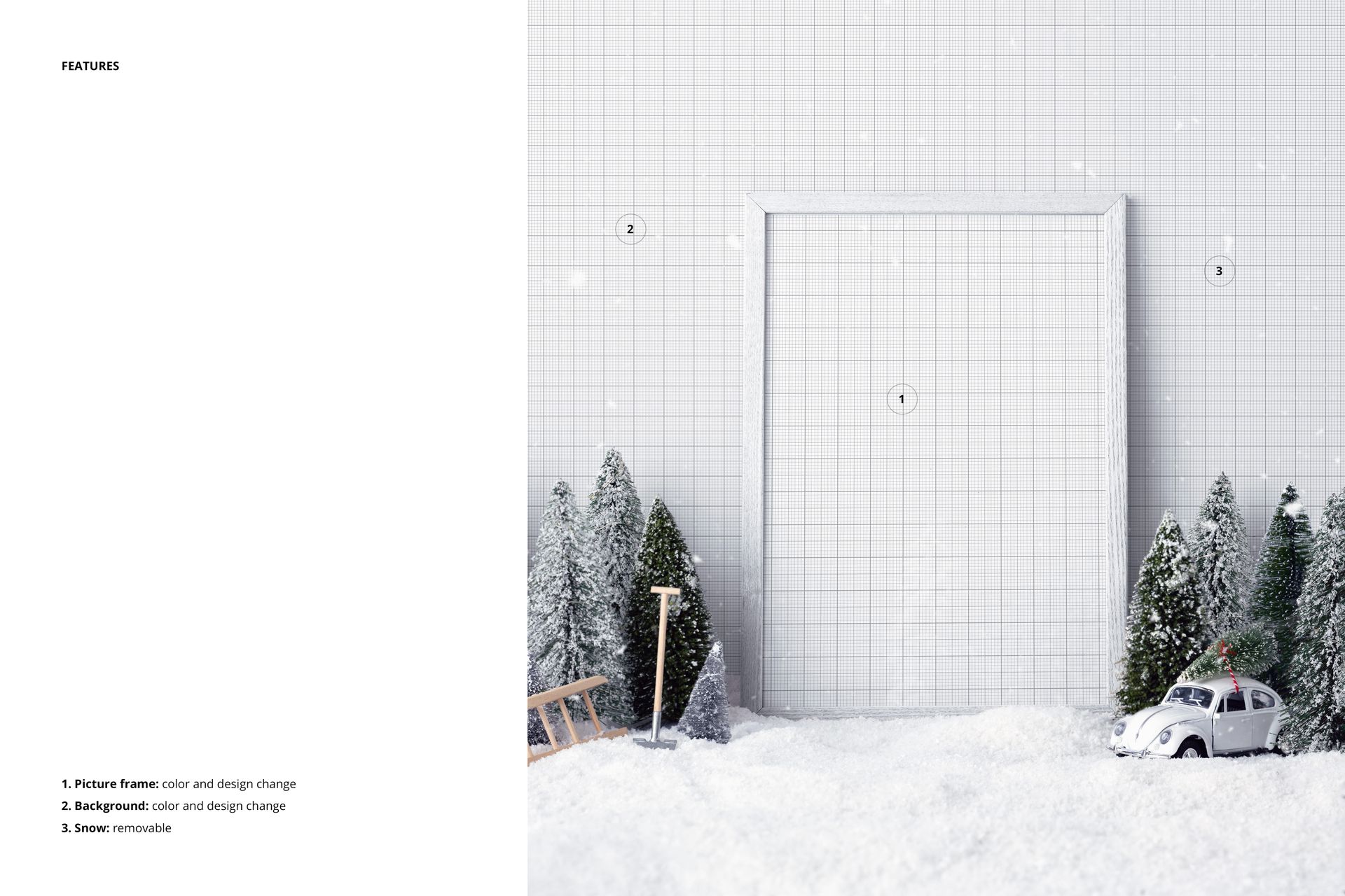 Front view of a wooden picture frame mockup set in snowy scenery with small pine trees and a miniature car.