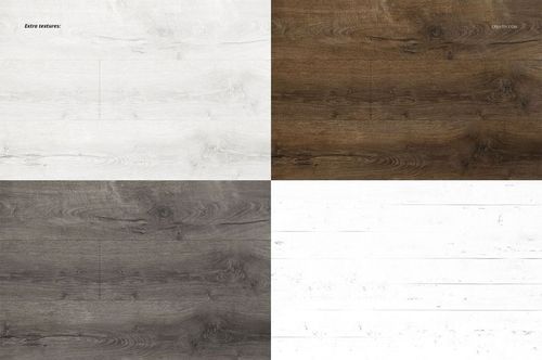 Four wood textures displayed in a grid, featuring white, brown, gray, and distressed white finishes.