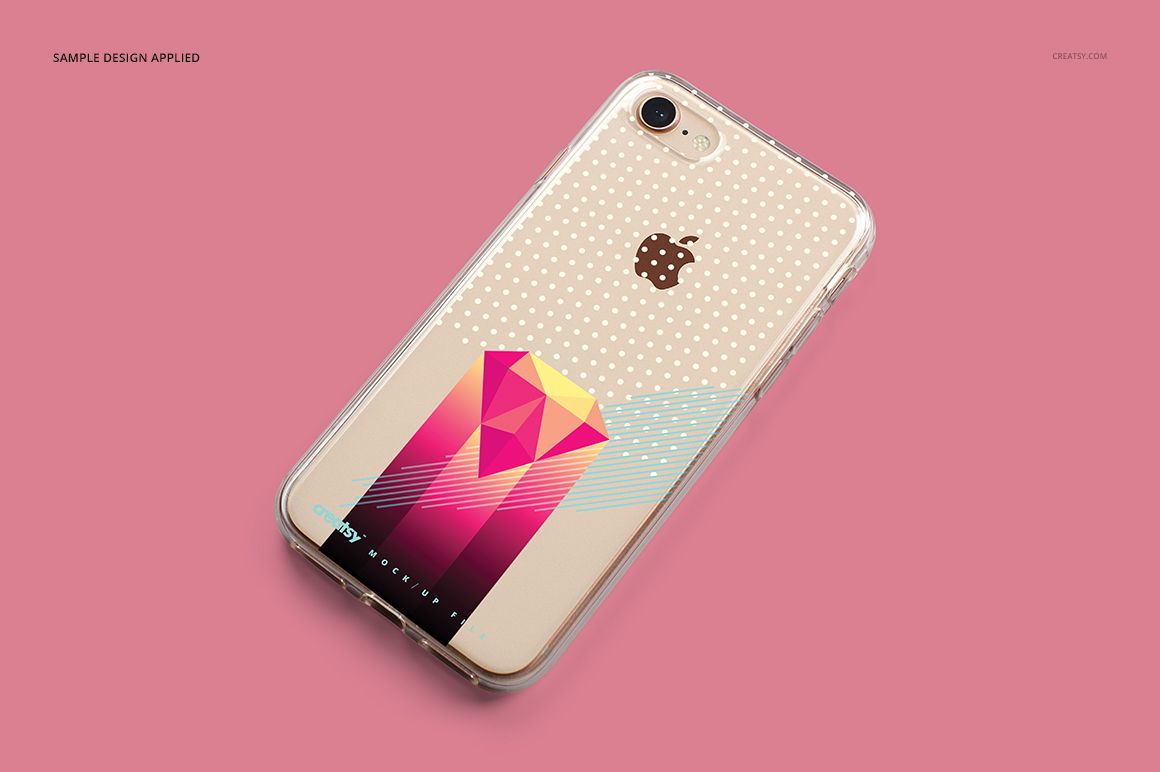 iPhone 8 clear case mockup featuring a dotted pattern and colorful geometric artwork, shown from above on pink.