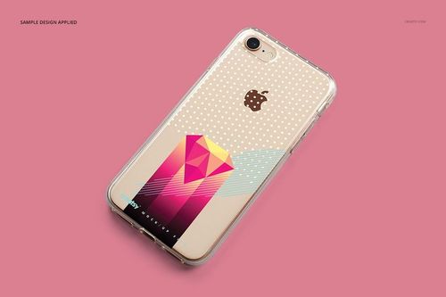 iPhone 8 clear case mockup featuring a dotted pattern and colorful geometric artwork, shown from above on pink.