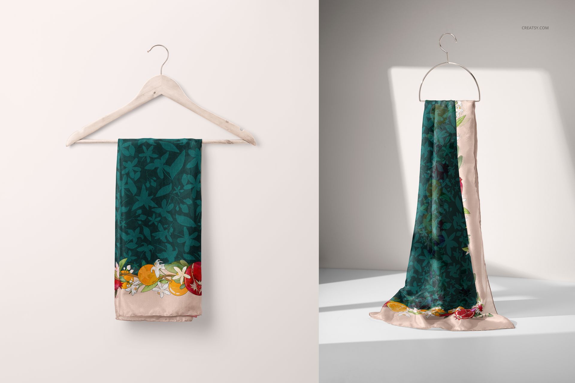 Green patterned silk scarf with colorful floral accents draped on a hanger, shown in a fashion accessory mockup scene.