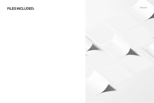 Top view of a square sticker set mockup with multiple white stickers arranged on a light surface, some edges lifted.