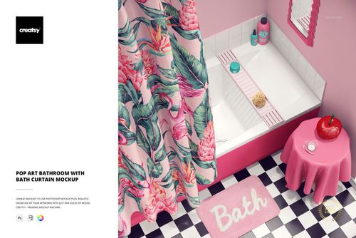 Vibrant bathroom mockup featuring a pink tropical shower curtain, pink bath mat, and checkered black and white tiles.