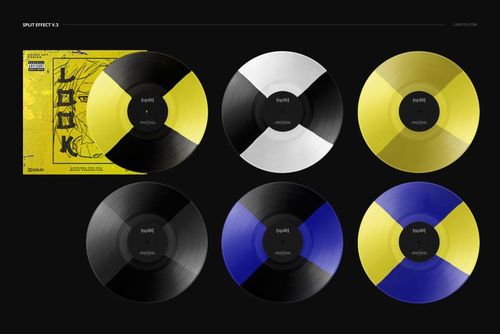 Front view of six vinyl records with split color designs in black, yellow, white, and blue, plus a yellow cover mockup.