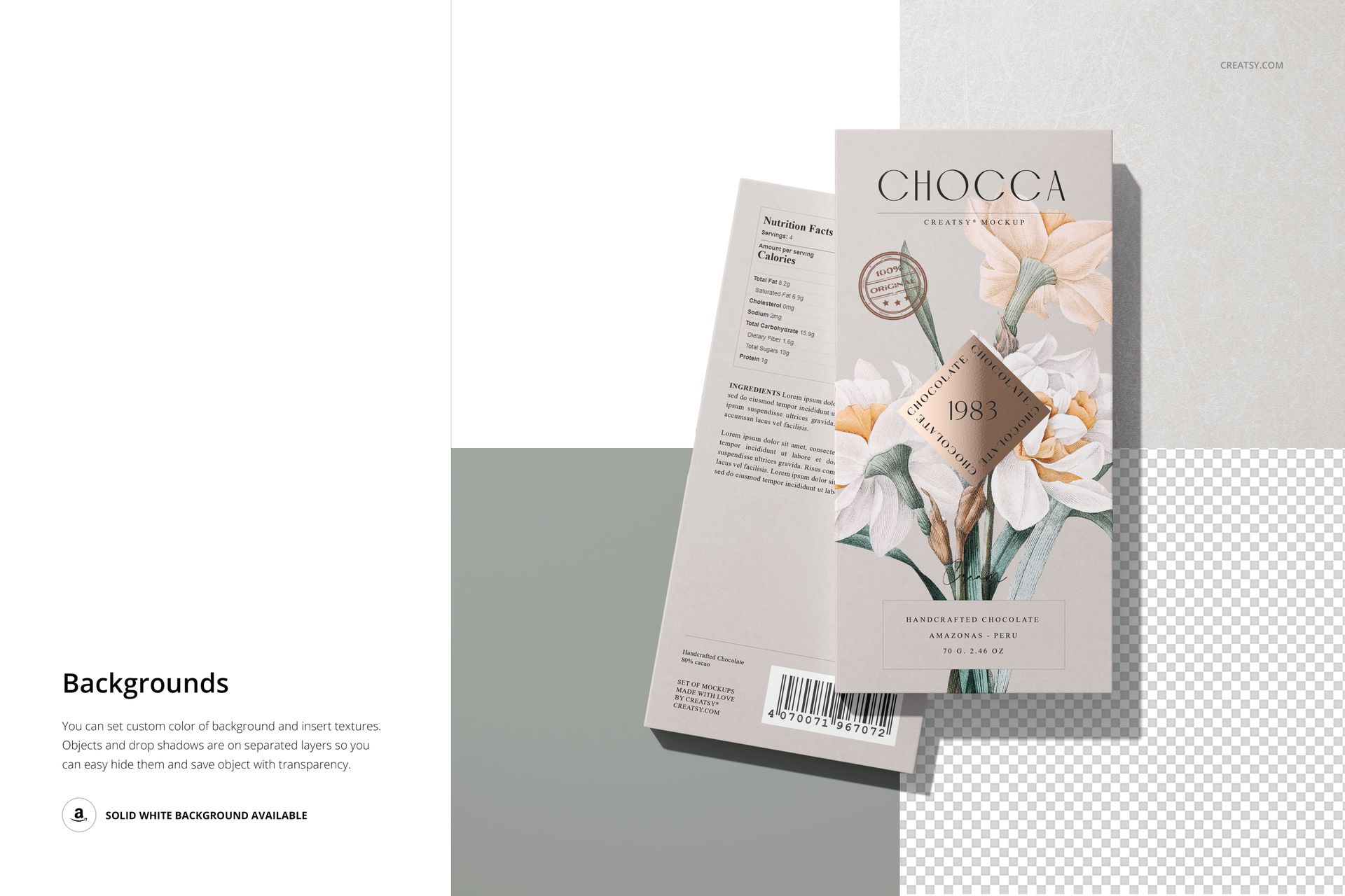 Chocolate bar packaging mockup featuring elegant flower illustrations, displayed with barcode and product details.