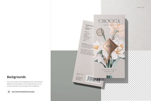 Chocolate bar packaging mockup featuring elegant flower illustrations, displayed with barcode and product details.