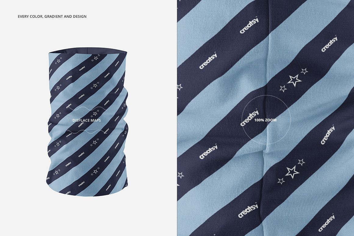 Neck gaiter accessory mockup with diagonal navy and light blue stripes, shown in front view and close-up detail.