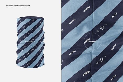 Neck gaiter accessory mockup with diagonal navy and light blue stripes, shown in front view and close-up detail.