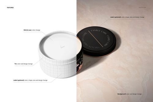 Round candle tin with a cotton wick, shown in a satin finish mockup. The lid displays a minimalist label design.
