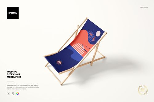 Front view of a folding deck chair mockup featuring a colorful geometric design on the fabric seat.