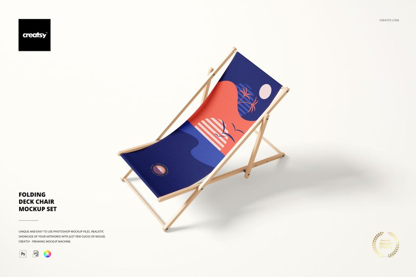 Front view of a folding deck chair mockup featuring a colorful geometric design on the fabric seat.