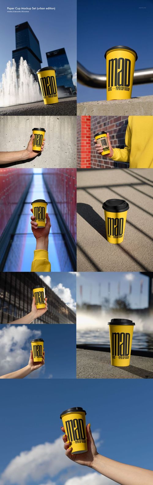 Mockup of a yellow paper cup with black design, photographed in diverse urban locations with natural lighting and sky backgrounds.