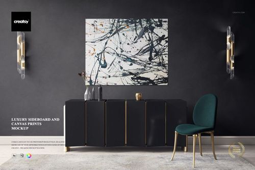 PSD mockup showing a contemporary interior scene with a sideboard, green chair, and abstract wall art centerpiece.