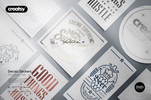 Collection of rectangular, square, and round decals stickers mockup set arranged on a neutral background, front view.
