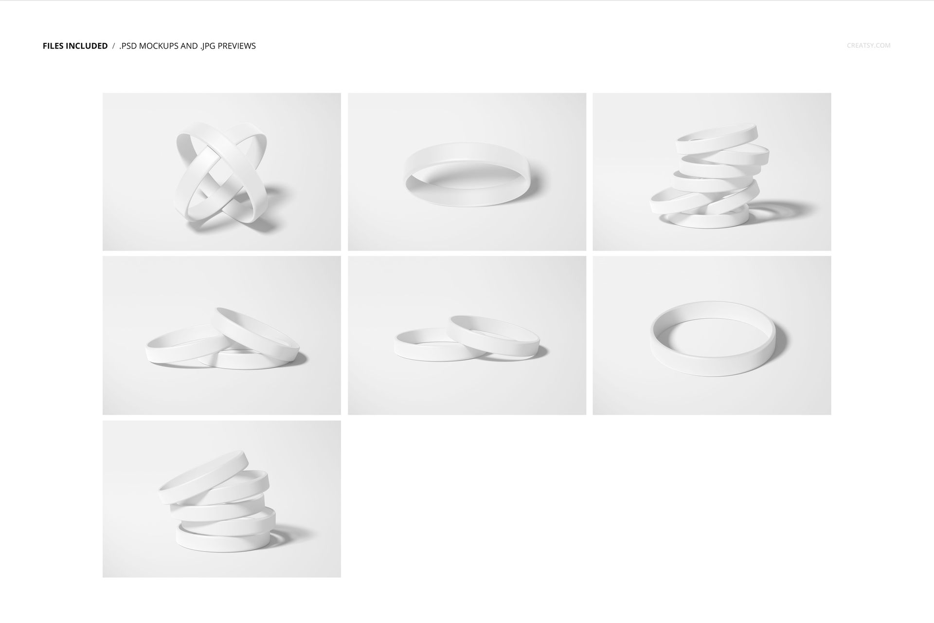 Silicone wristband PSD mockup set featuring multiple white bands in assorted layouts, photographed with soft shadows.