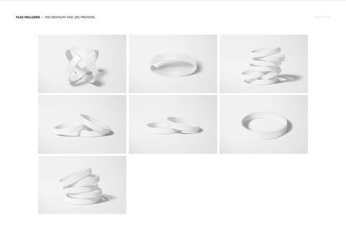 Silicone wristband PSD mockup set featuring multiple white bands in assorted layouts, photographed with soft shadows.