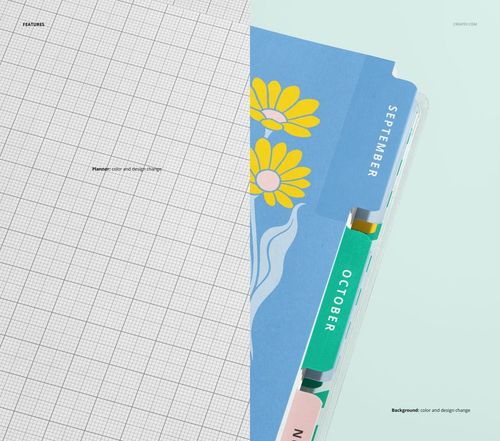 Planner mockup showing a detailed view of divider tabs with September and October labels and flower illustrations.