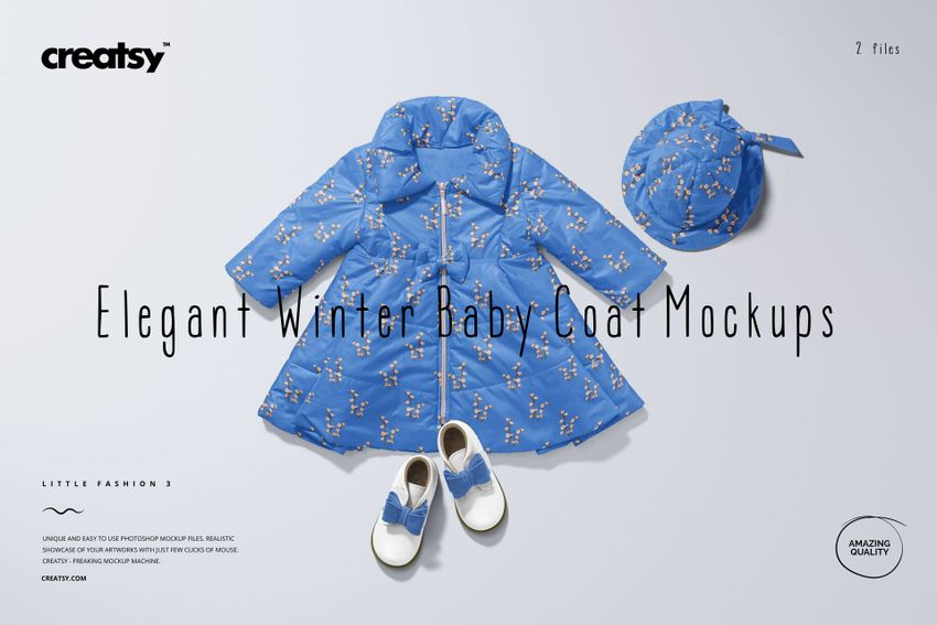 Blue baby coat mockup set with floral print, accompanied by a round hat and bow-accented shoes on a pale background.