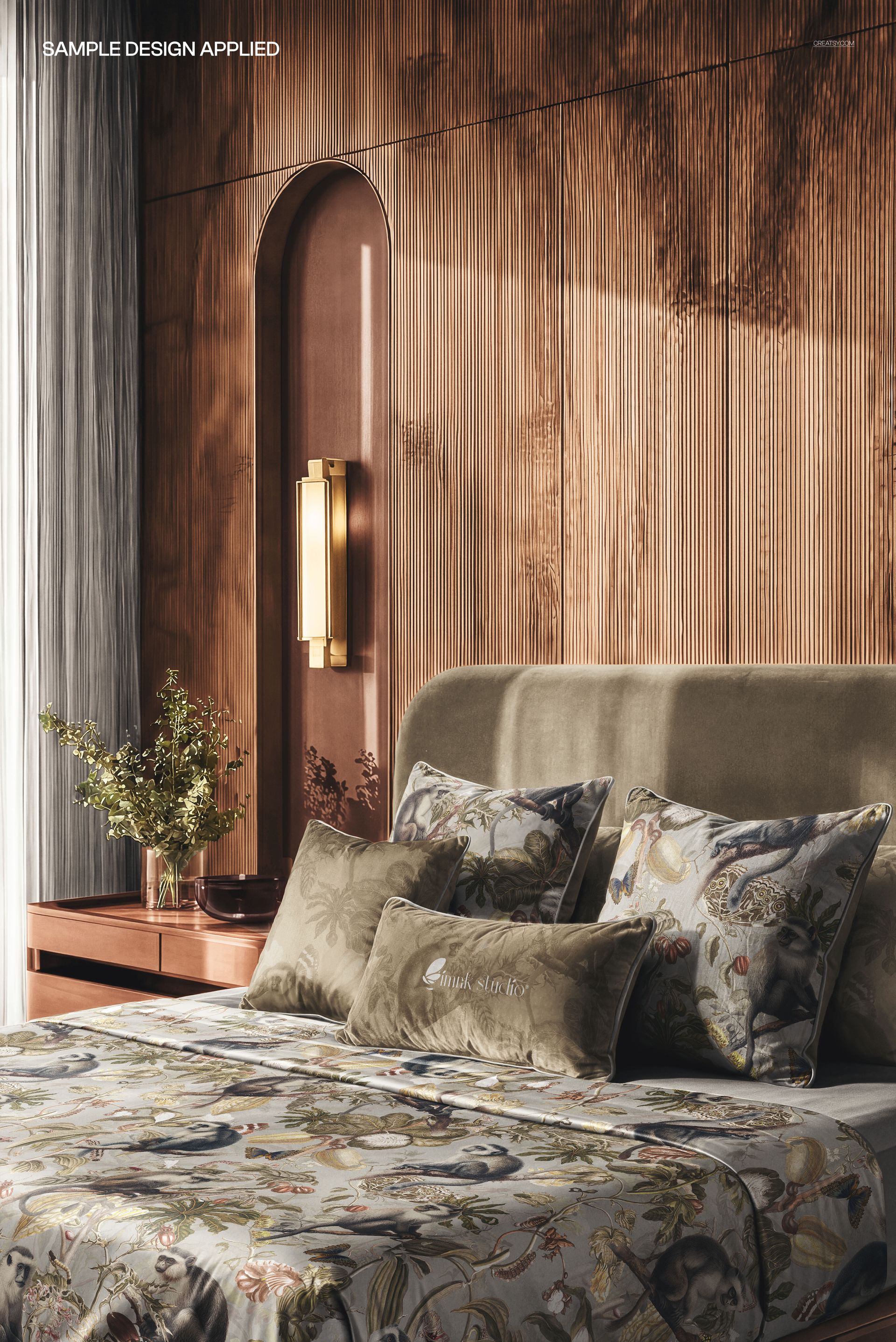 Elegant satin bedding and velvet pillows featuring botanical designs, displayed in a stylish bedroom mockup.