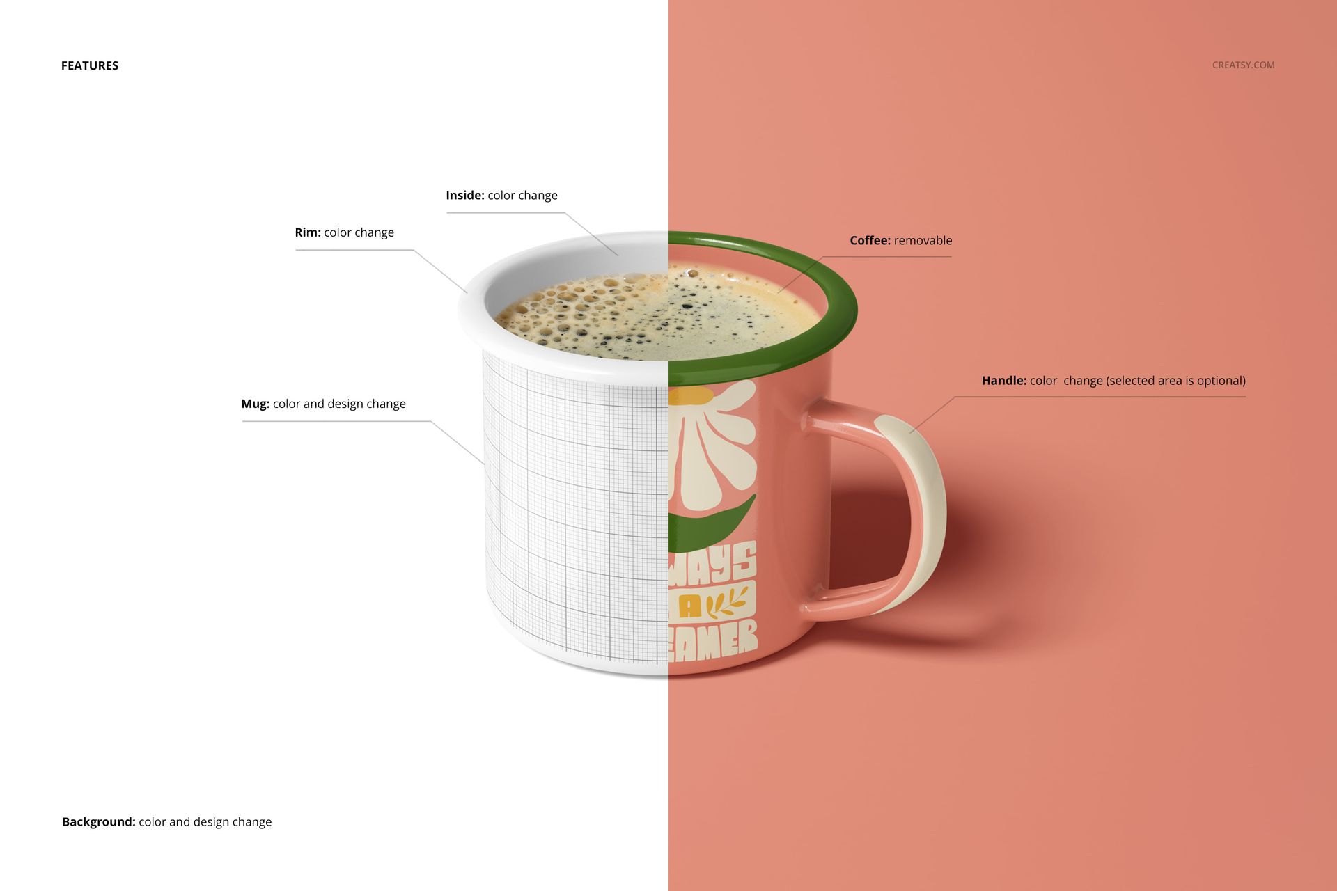 360ml enamel mug mockup shown in split view, left side with grid pattern and right side with a floral design on a pink background.