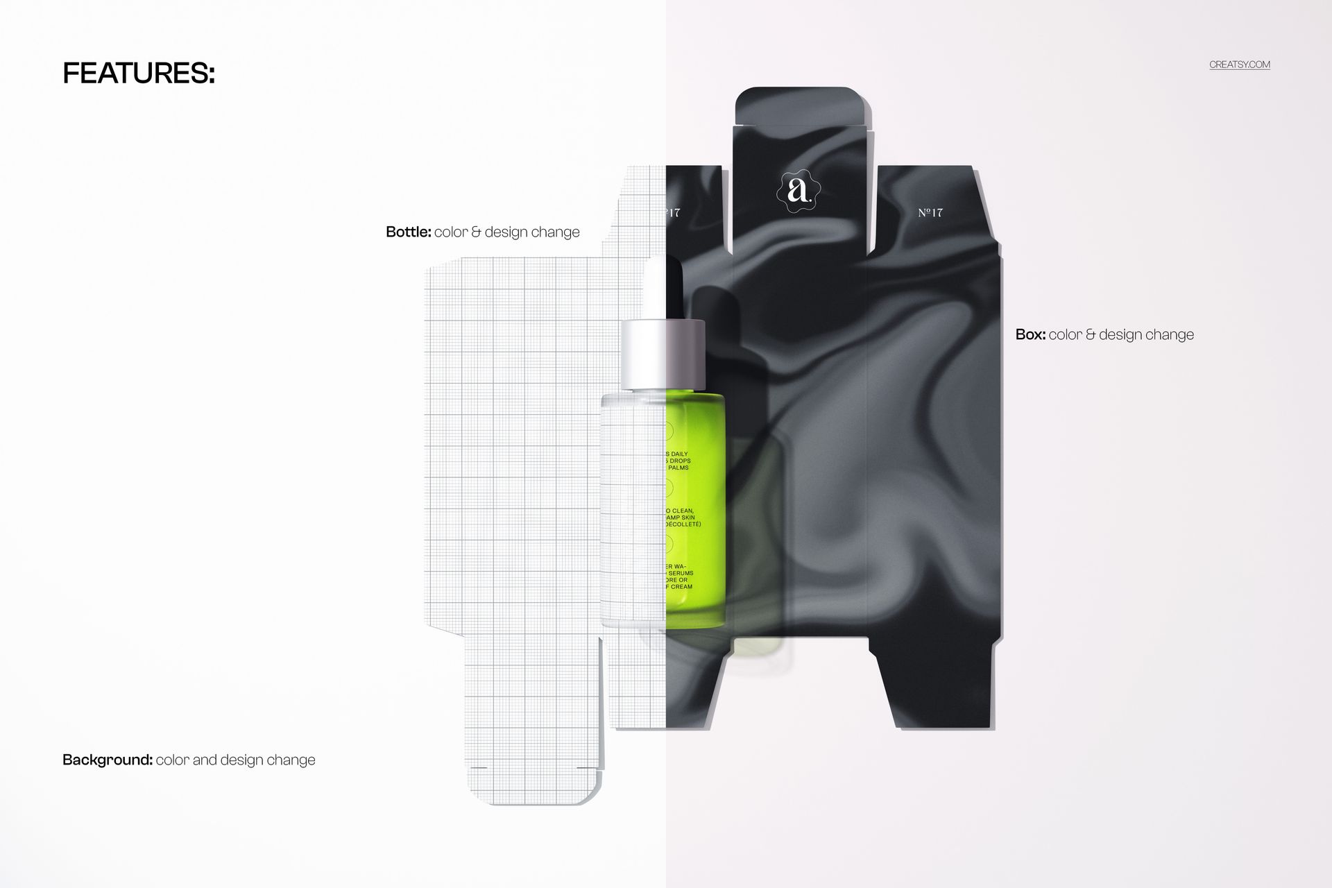 Dropper bottle with bright green liquid placed on top of a black and white carton dieline, shown in a split front view mockup.