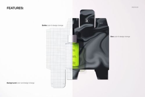 Dropper bottle with bright green liquid placed on top of a black and white carton dieline, shown in a split front view mockup.