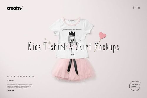 Girls T-shirt with a princess illustration and pink tulle skirt mockup displayed on a neutral surface.