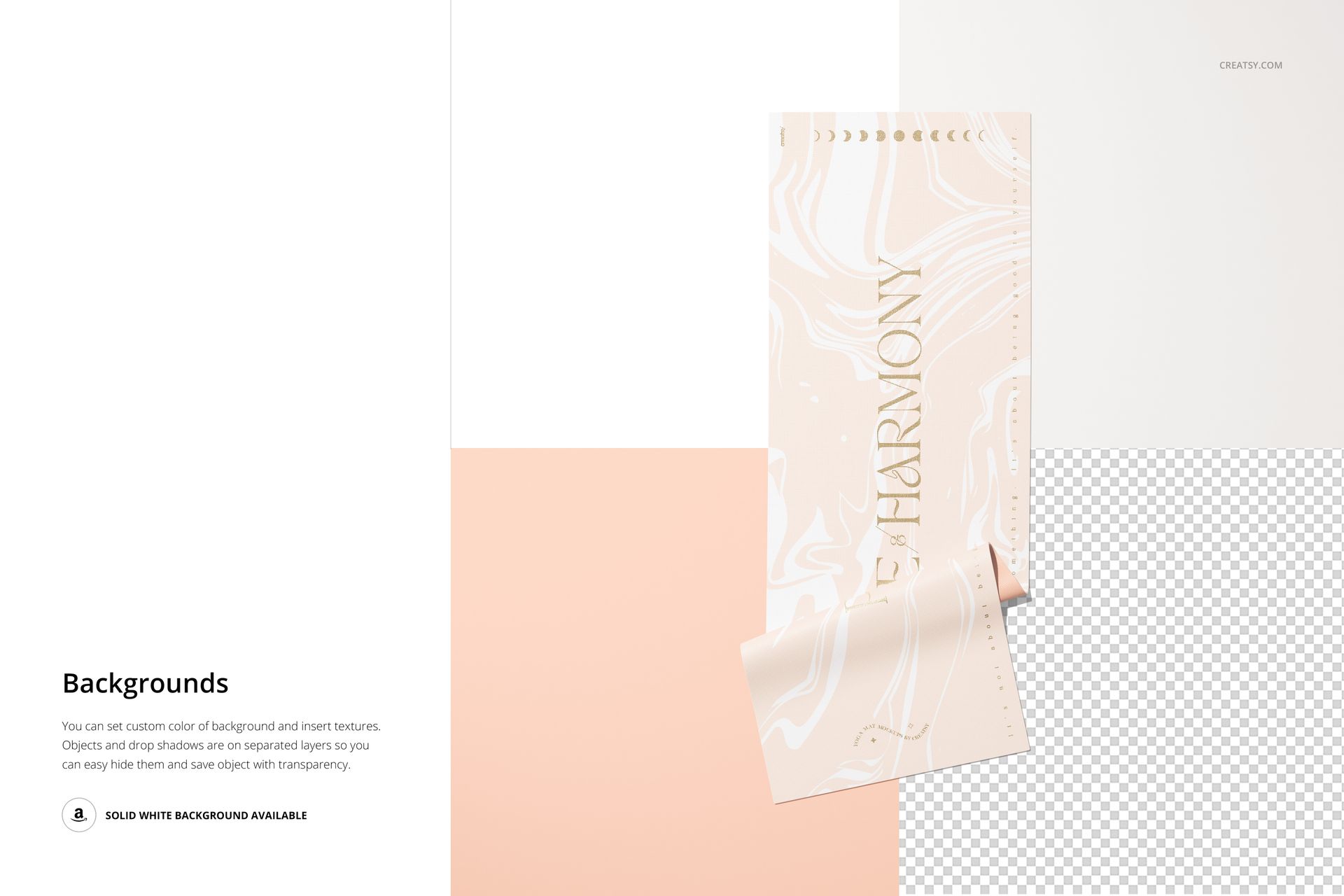 Rolled yoga mat mockup featuring a light marble design, displayed on a split white and peach background.