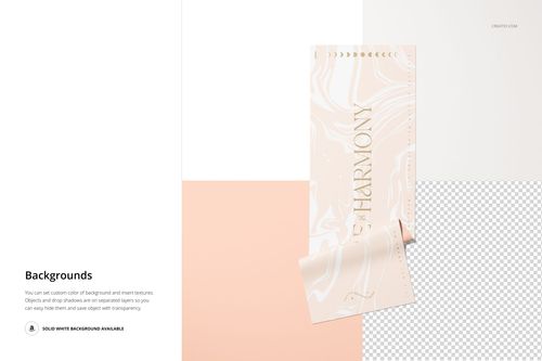 Rolled yoga mat mockup featuring a light marble design, displayed on a split white and peach background.