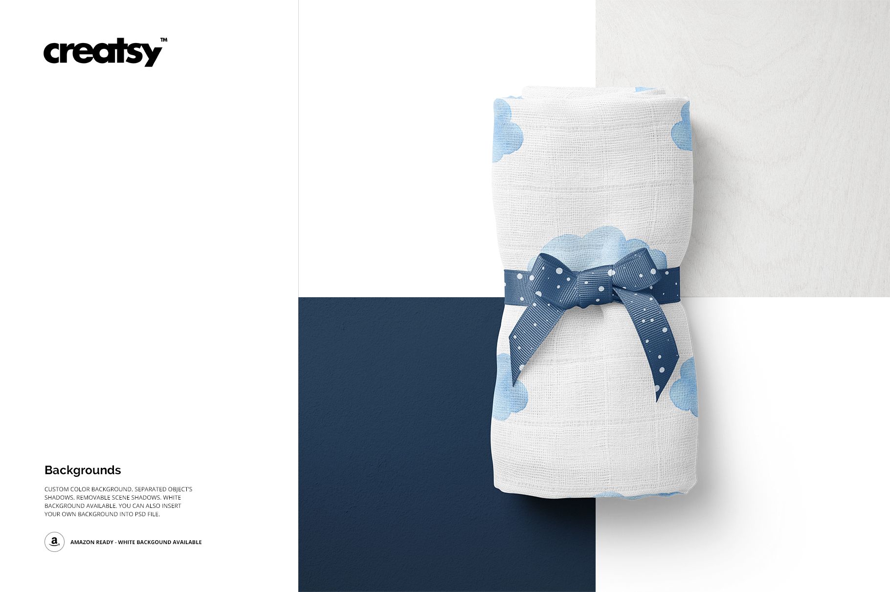 Baby muslin nappy mockup featuring a white fabric with blue clouds, tied with a dotted blue ribbon, top view.