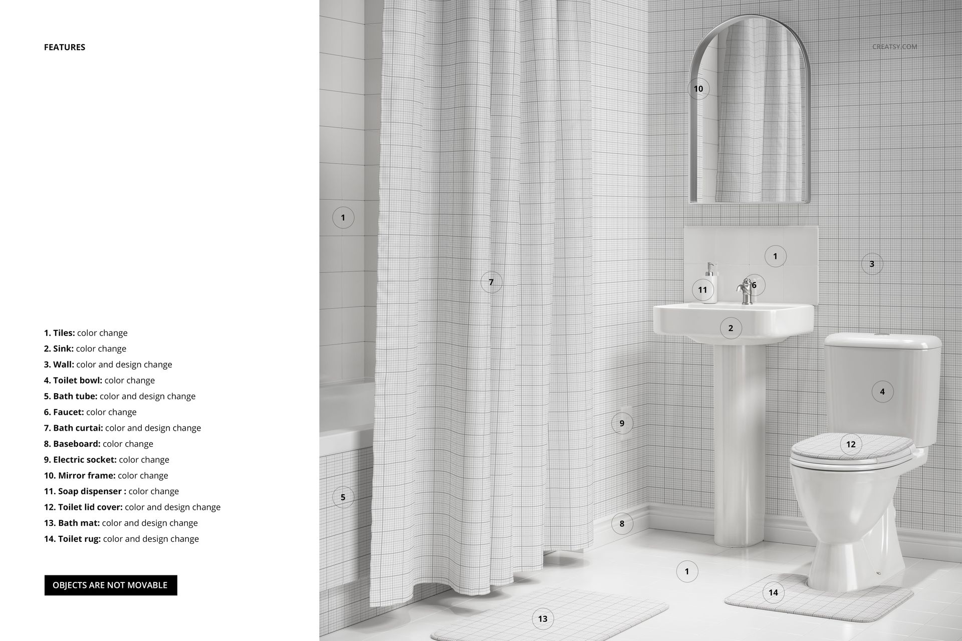 Front view of a retro-inspired bathroom mockup featuring a white bath curtain, tiled walls, and bathroom fixtures.
