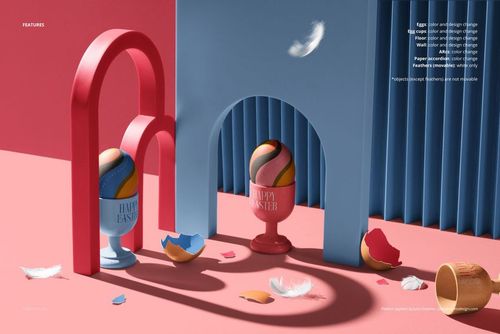 Multi-style Easter egg PSD mockup featuring painted eggs in holders, surrounded by broken shells and white feathers.