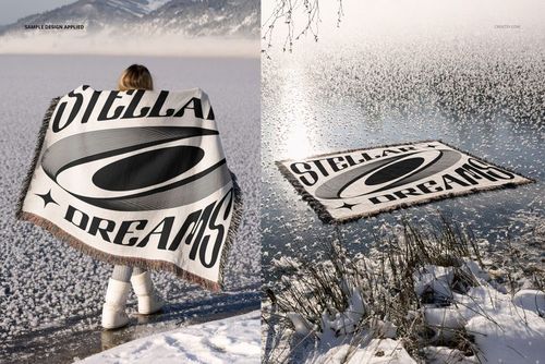 Jacquard woven blanket mockup displayed outdoors on an icy lake, featuring large text and graphic elements.