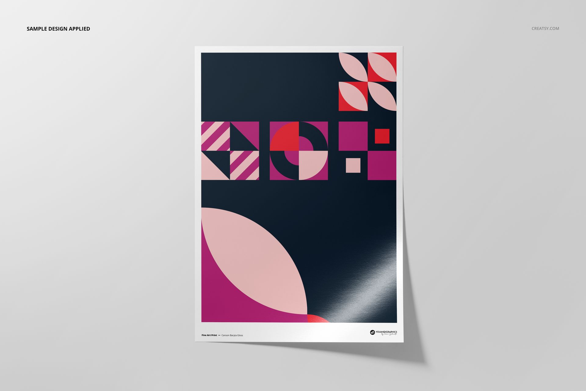 A3 fine art print mockup featuring geometric shapes in pink, red, and white on a dark background, shown from a front angle.