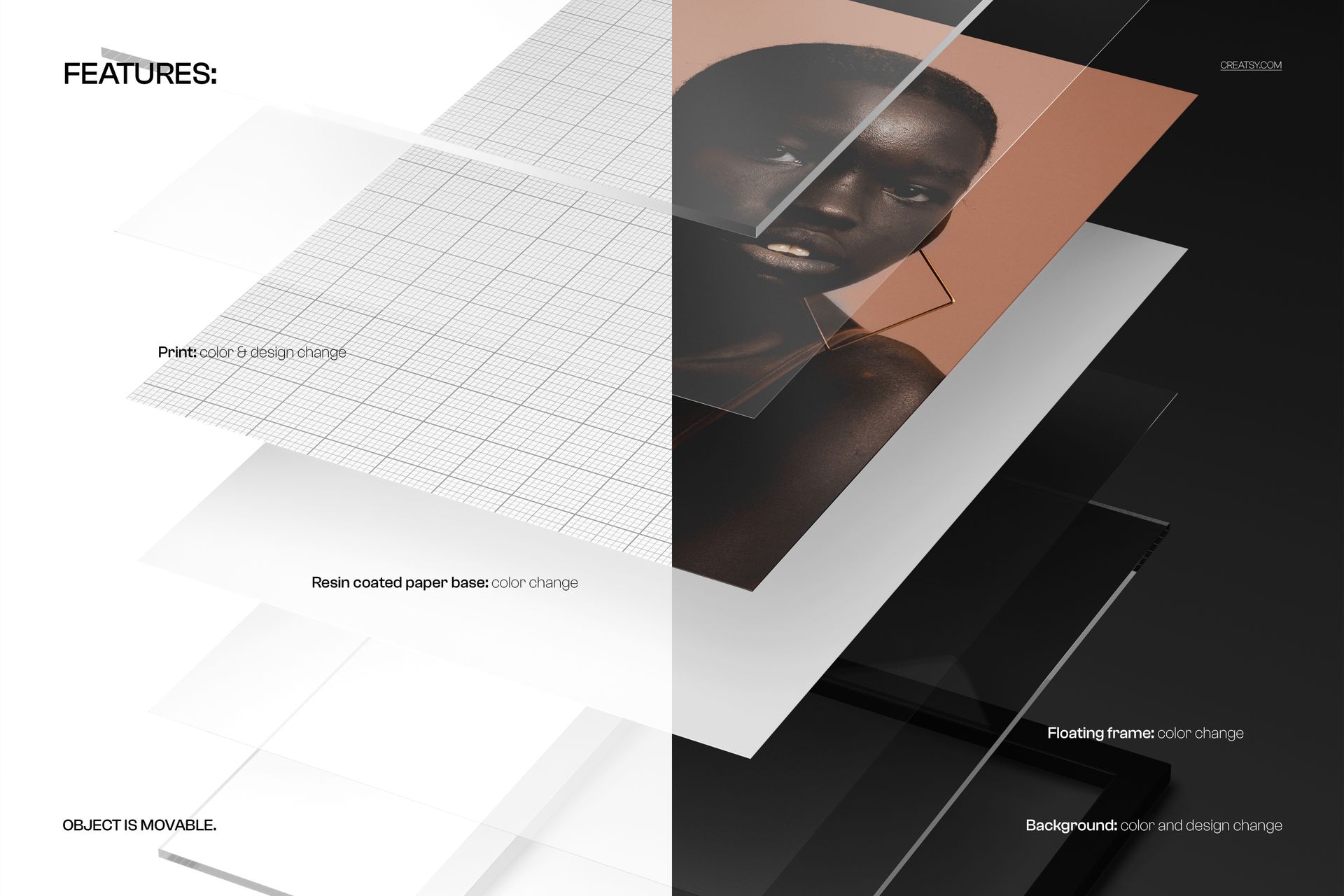 Exploded view of an acrylic photo print mockup showing layered components with matte surfaces and neutral colors.