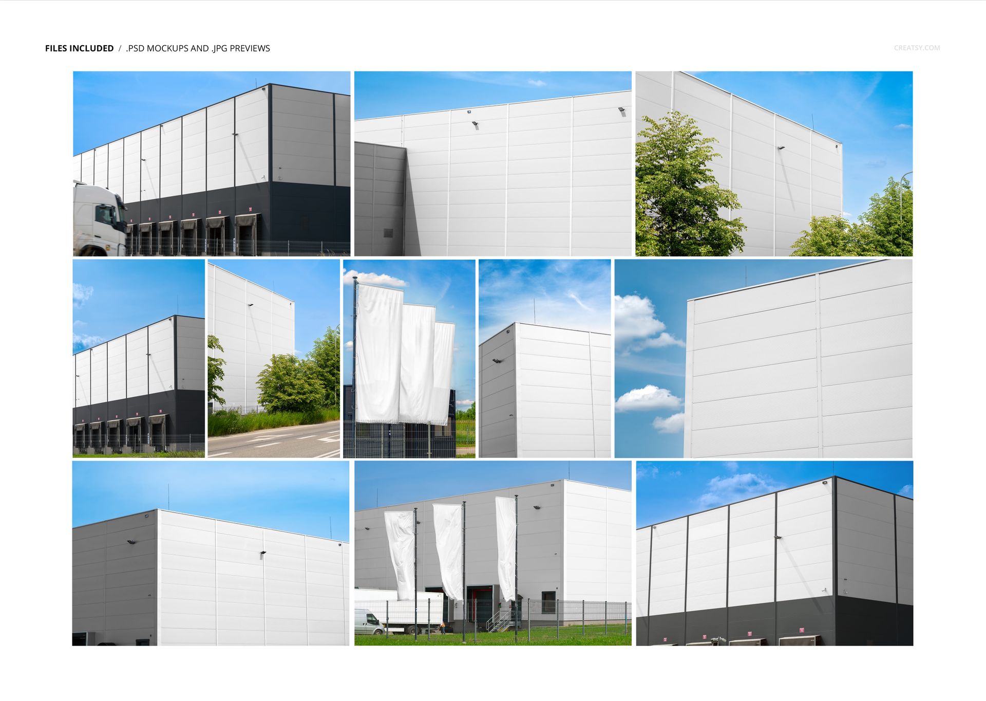 PSD mockup set displaying different perspectives of industrial warehouse buildings with clean, geometric architecture.
