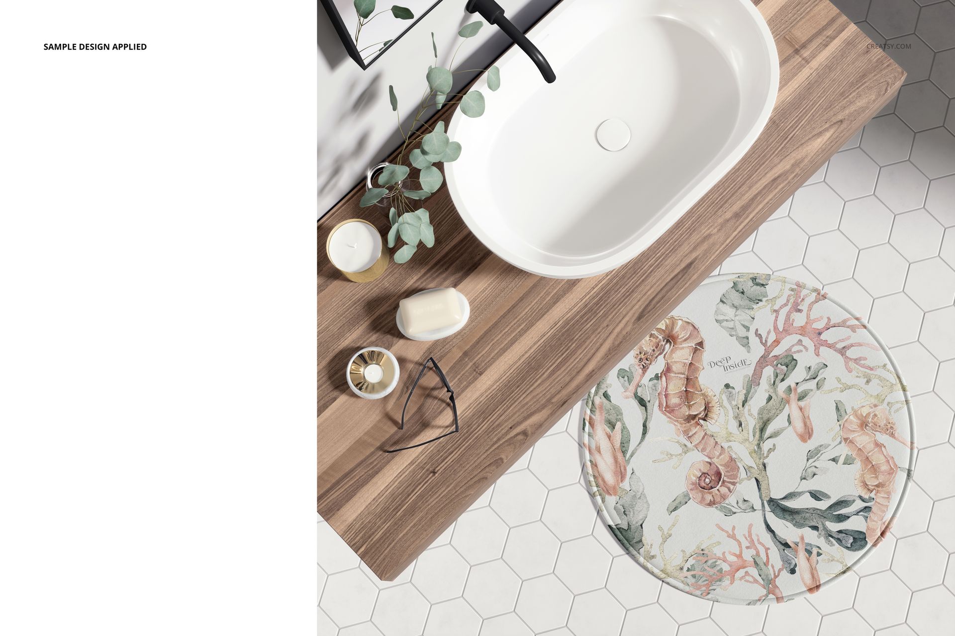 PSD mockup showing a 28 inch round bath mat with marine life illustration, set in a modern bathroom with hexagon tiles.