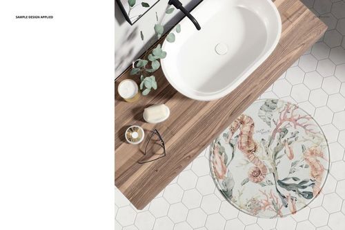 PSD mockup showing a 28 inch round bath mat with marine life illustration, set in a modern bathroom with hexagon tiles.