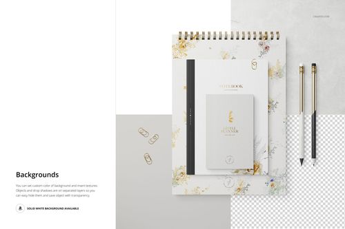 Top view of a stationery set mockup with spiral notebook, planner, pens, and paper clips on a light background.