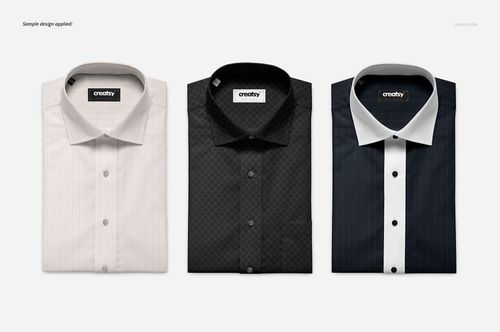 Folded dress shirt PSD mockup showing three shirts with different colors and patterns, neatly placed next to each other.