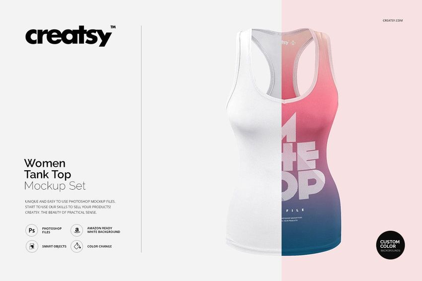 Women's tank top PSD mockup featuring a sleeveless design, pink to blue gradient, and bold white text on the front.