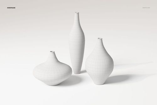 Three decorative vases of varying sizes and shapes displayed on a plain surface, shown in a white wireframe style.