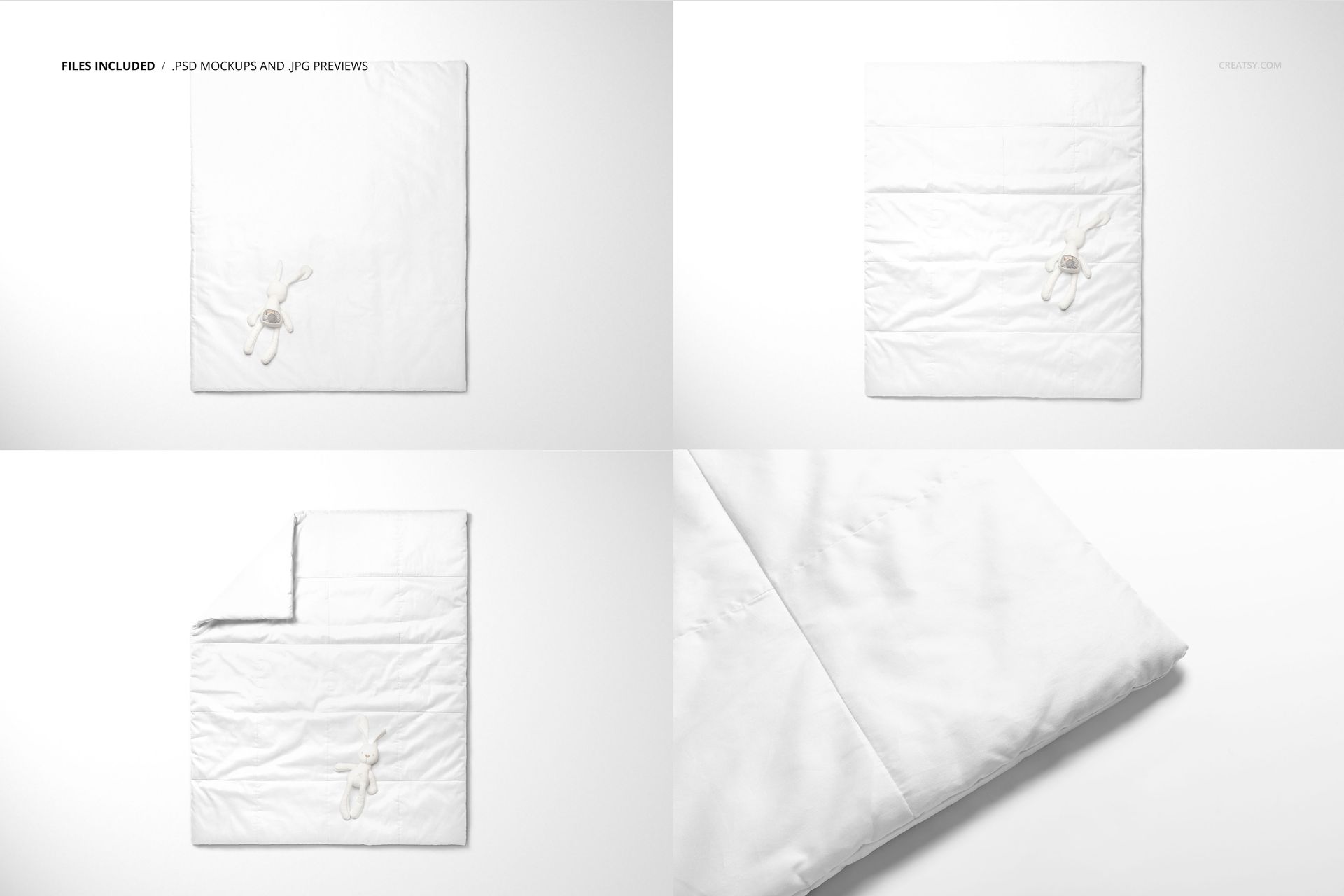 Baby patchwork quilt mockup displayed in four views, featuring a white quilt with a plush toy on a light background.