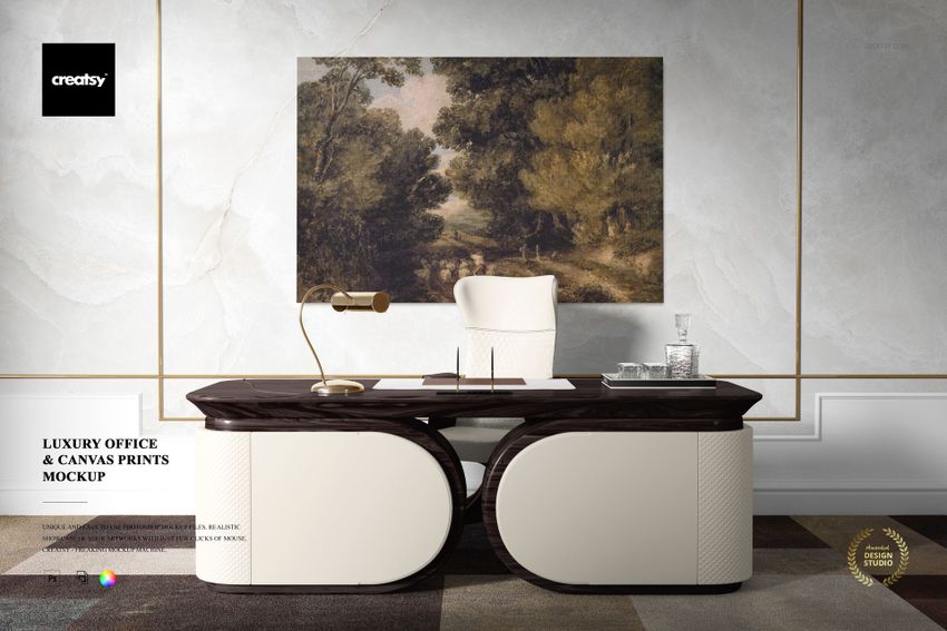 PSD mockup showing a sophisticated office setup with a framed canvas print, marble wall, and contemporary furniture.