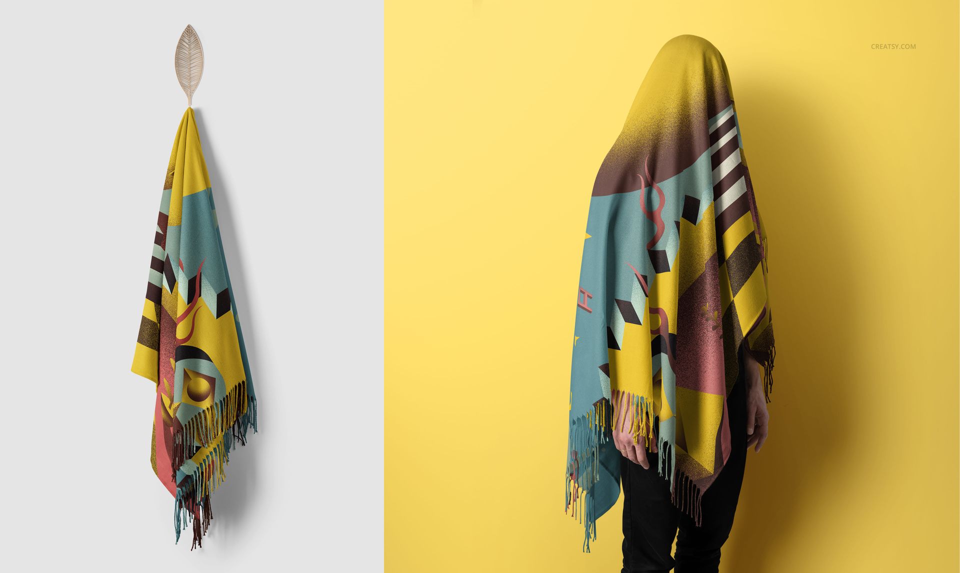Tassel fringe blanket mockup featuring blue, yellow, and brown geometric shapes, displayed in two settings.