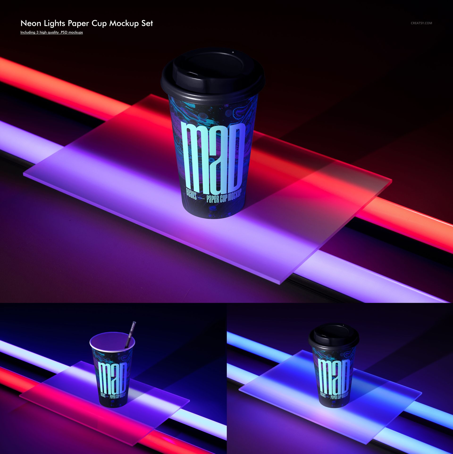 Front view of a paper cup mockup featuring a striking blue pattern, set against glowing red and purple neon tubes.