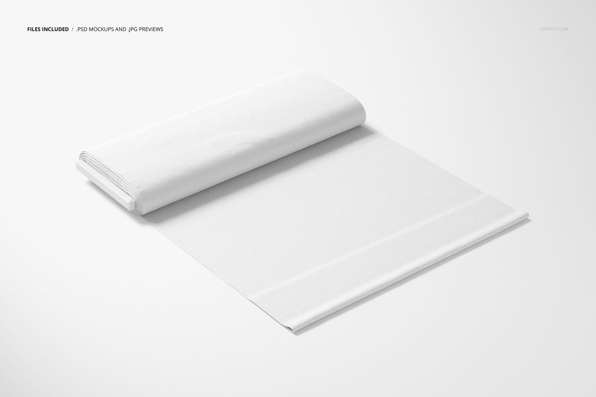 Front view of a fabric bolt mockup with a white textile neatly folded on a cardboard header, set on a light background.