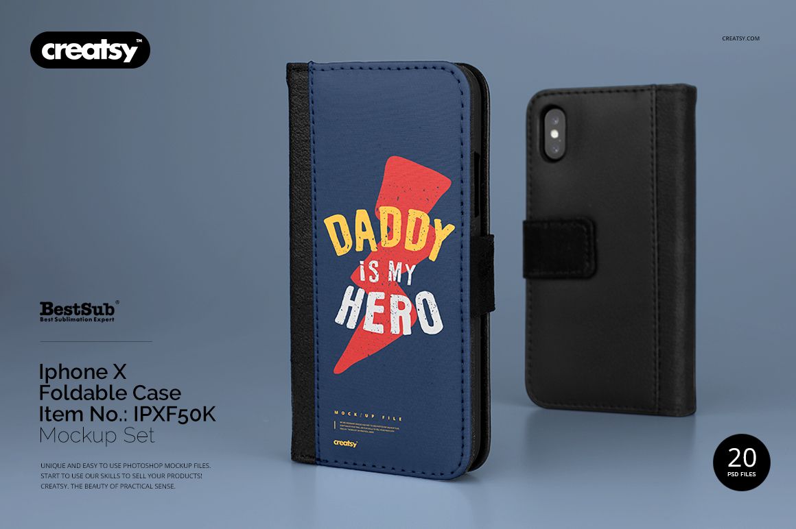 Foldable iPhone X case mockup showing front and back views, one with a blue cover and yellow text design.