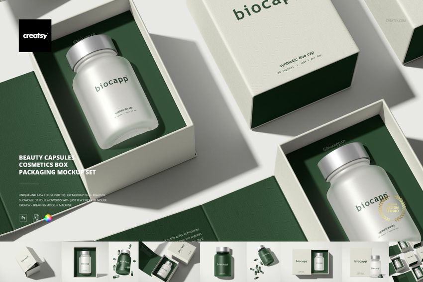 Cosmetics box packaging mockup featuring frosted capsule bottles and green boxes arranged in a top view layout.